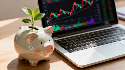 Ceramic piggy bank holding a bright green sprout plant positioned next to a laptop displaying vibrant  market data graphs.