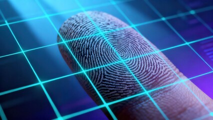 Digital analysis of a human fingertip showing a detailed whorl pattern biometric fingerprint illuminated by blue neon grid lines.