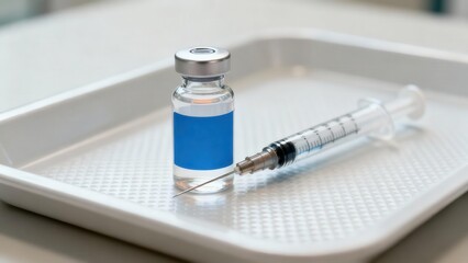 Sterile glass medication vial with a blank blue label standing beside a clear hypodermic syringe and metal needle on a white clinical tray.