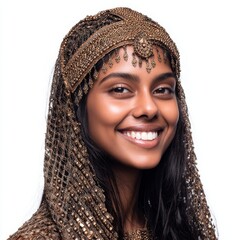  Close-up Portrait of Dark-Haired Beauty with Ornate Jewelry on White Background.