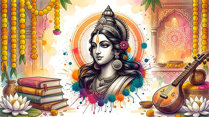 Fototapeta premium Saraswati puja and vasant panchami wide horizontal banner including books a veena lotus flowers and the goddess for the festival of knowledge and arts