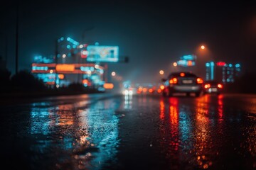 Obraz premium 夜の街の明かりと雨の水たまり
