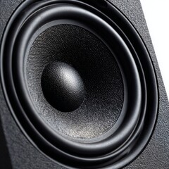 Close-up of a high fidelity black speaker's woofer cone vibrating sound waves, indoor, showcasing textured materials and audio technology for music listening.