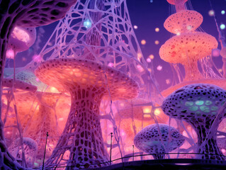 a surreal, otherworldly landscape filled with vibrant, glowing mushrooms and organic shapes, bathed in a soft, ethereal light. The scene is bathed in a pink and purple hue