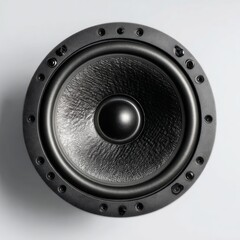  Round Audio Equipment with Textured Cone and Screws on a Solid White Indoor Surface, Acoustic Sound System.
