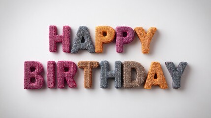 Colorful Embroidered Happy Birthday Message on White Background, Festive Celebration, Birthday Wishes for Cards and Social Media Posts, Indoor Still Life.