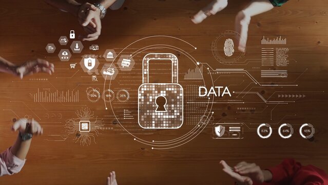 A creative representation of data security featuring hands reaching out towards a digital lock graphic, showcasing innovative technology elements on a wooden table. Raster - Powered by Adobe