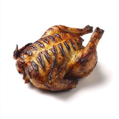 Studio Shot of Delicious Crispy Grilled Whole Chicken on a White Background, Showcasing Golden-Brown Skin and Mouthwatering Grill Marks, Food Photography.