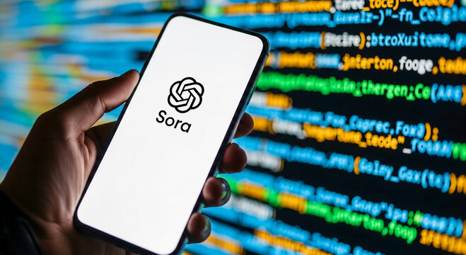 Hand holding smartphone with Sora app on screen in coding background