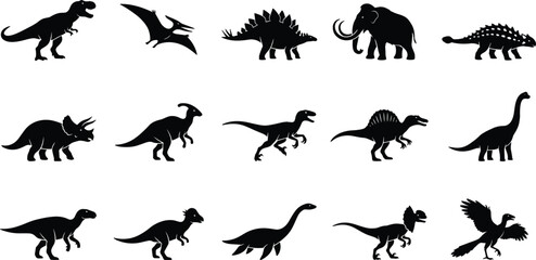Dinosaur silhouettes collection, prehistoric animals icons set, jurassic reptiles vector illustration, extinct creatures symbols isolated on white background © Boony
