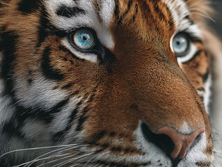 a tiger's face, showcasing its distinctive striped fur, piercing eyes, and sharp whiskers. The tiger's gaze is directed forward, giving a sense of intensity and focus.