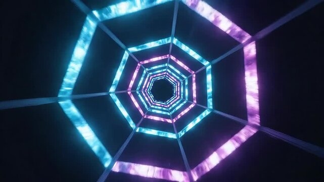 Abstract Neon Light Tunnel with Octagonal Shapes and Glowing Blue and Purple Hues.