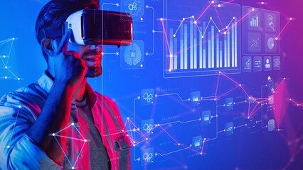 A young man engages in a virtual reality experience, immersing himself in vibrant digital environments filled with data visualizations and futuristic graphics. Raster