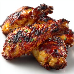 Delicious Baked Chicken Drumsticks with Glaze, Fresh Herbs, on White Surface, Studio Shot, Gourmet Poultry Meal Close-up, Food Photography.