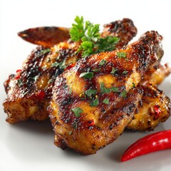 Delicious Grilled Chicken Drumsticks on White Plate Garnished with Fresh Parsley, Red Chili Pepper, Spices for Festive Dinner or Appetizer Presentation.