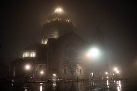 Cathedral of Saint Paul on a foggy muddy night, in Minnesota 