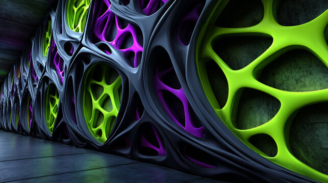 crazy biomechanical wall design in futuristic corridor, futuristic biomechanical corridor with surreal mechanical walls, scifi biomechanical interior tunnel with organic walls