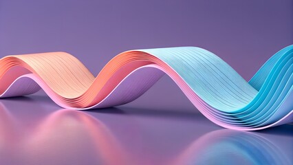 Layered Ribbon Wave on Reflective Surface – Peach-to-Cyan Gradient, Smooth Undulations, Purple Backdrop, Abstract Motion, Digital Depth, Symmetrical Flow