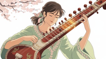Young Woman Playing Sitar Under Cherry Blossoms.