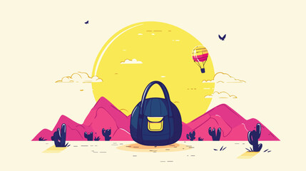 A vibrant illustration showcases a travel bag set against a desert landscape, featuring a large sun, mountains, cacti, and a hot air balloon, evoking adventure and exploration.
