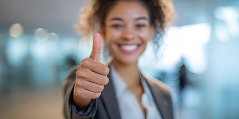 A clean, multi-ethnic person giving a clear thumbs-up gesture (focused action) to the camera/colleague after achieving a goal, positive feedback, approval, cinematic ligh