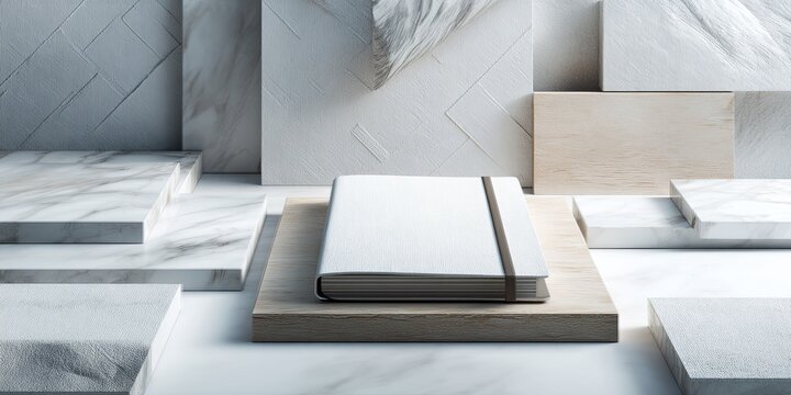 Overhead view (flat lay) of a clean, simple notebook (focused) on a desk, with the entire background composed of overlapping, abstract geometric shapes/textures (e.g., ma
