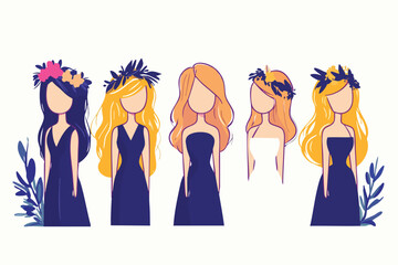 A charming illustration features five stylized women with various hairstyles and floral crowns, dressed in elegant gowns, perfect for fashion, wedding, or beauty-related projects.