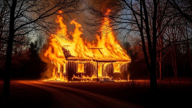 Burning House Surrounded by Trees at Night fire flames