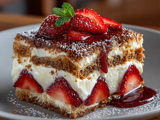 a slice of layered dessert topped with fresh strawberries, cream, and a drizzle of honey, all garnished with mint leaves and dusted with powdered sugar.