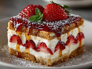 a slice of layered dessert topped with fresh strawberries, cream, and a drizzle of honey, all garnished with mint leaves and dusted with powdered sugar.