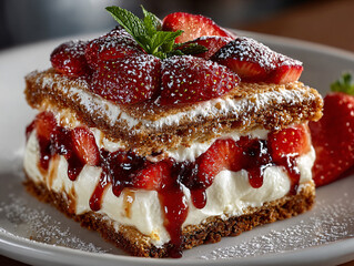 a slice of layered dessert topped with fresh strawberries, cream, and a drizzle of honey, all garnished with mint leaves and dusted with powdered sugar.