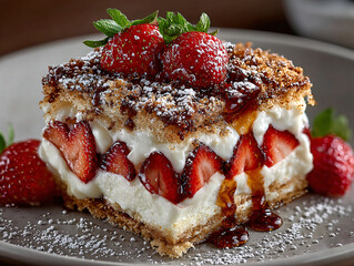 a slice of layered dessert topped with fresh strawberries, cream, and a drizzle of honey, all garnished with mint leaves and dusted with powdered sugar.