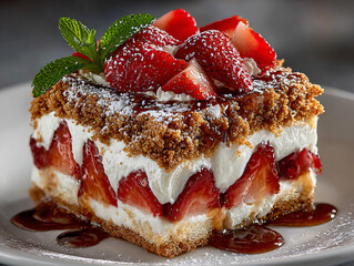 a slice of layered dessert topped with fresh strawberries, cream, and a drizzle of honey, all garnished with mint leaves and dusted with powdered sugar.