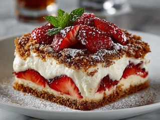 a slice of layered dessert topped with fresh strawberries, cream, and a drizzle of honey, all garnished with mint leaves and dusted with powdered sugar.