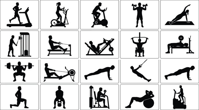 Fitness workout silhouettes set, gym exercise training people using equipment strength cardio yoga black vector illustration collection