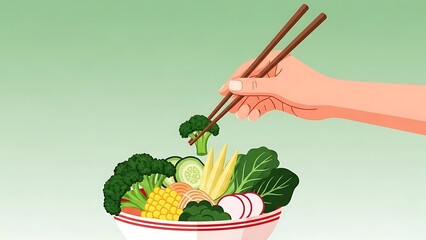 Hand using chopsticks to pick vegetables from bowl