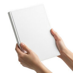 Hands holding open white notebook isolated on transparent background