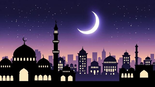 Silhouette of a mosque under a crescent moon and starry night sky, majestic Islamic architecture at night, serene Ramadan night scene