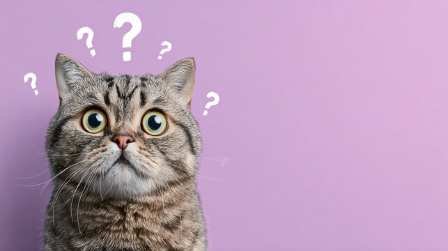 Cute confused cat with big eyes and question marks above its head, minimalistic pastel background