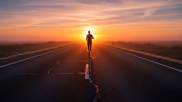 A silhouette of a runner in motion against the breathtaking backdrop of a sunset over the road