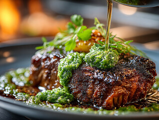 a delicious-looking dish, likely a steak, being drizzled with a vibrant green sauce. The steak is garnished with fresh herbs and appears to be cooked to perfection.