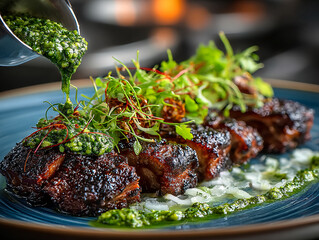a delicious-looking dish, likely a steak, being drizzled with a vibrant green sauce. The steak is garnished with fresh herbs and appears to be cooked to perfection.