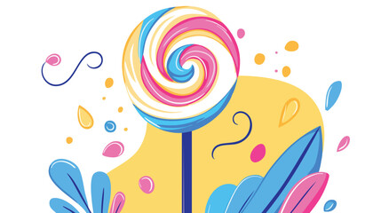 A vibrant illustration showcases a colorful lollipop with a swirl design, surrounded by stylized leaves and abstract shapes against a bright yellow background, representing sweetness and fun.