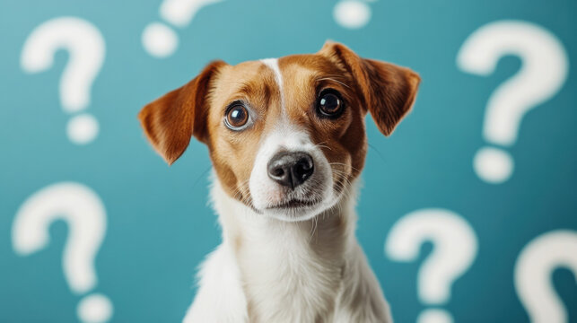Silly little dog looking around confused, surrounded by question marks, minimalistic background