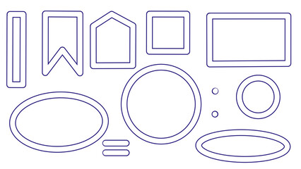 Transparent vector set of various empty purple outline frames, shapes, geometric elements for scrapbooking and design on a white background.