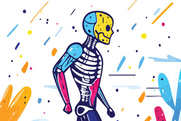 A vibrant illustration showcases a stylized human skeleton with colorful anatomical details, set against a bright, abstract background with flowing shapes and a sense of movement.