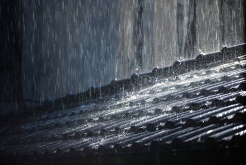 Rainwater streams down the edge of a sloped roof against a misty mountain backdrop, creating a dramatic, atmospheric scene.