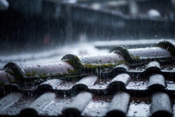 Rainwater streams down the edge of a sloped roof against a misty mountain backdrop, creating a dramatic, atmospheric scene.