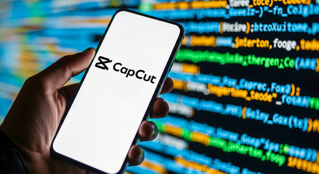 Hand holding smartphone with CapCut app on screen in front of coding background