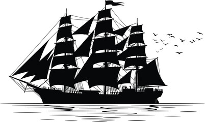 Historic tall sailing ship silhouette, classic pirate era vessel, maritime adventure scene, ocean transport, isolated black vector illustration © SREE